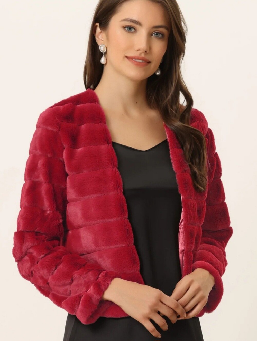 Allegra K Red Faux Fur Teddy Jacket - Open Front Cozy Coat NWT S